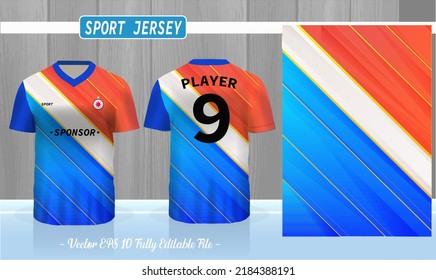 Blue T-shirt sport template design for soccer jersey, football kit and tank top for basketball jersey. Sport uniform in front and back view. Sport shirt mock up for sport club. Vector Illustration.