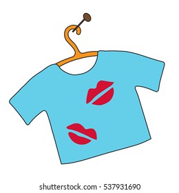 Blue t-shirt with spots of lipstick.