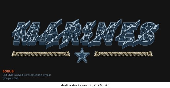 Blue T-shirt typography with camouflage texture. Horizontal word Marines with rope and military star. Editable text appearance, text graphic style are included. For sport goods, textile design