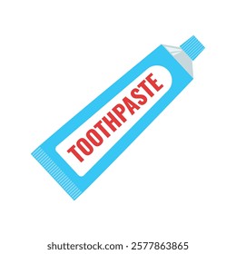 Blue tube displays red toothpaste label. Suitable for dental hygiene product advertisements and oral care promotional materials. Ideal for oral health campaigns.