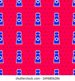 Blue Tube with paint palette icon isolated seamless pattern on red background.  Vector Illustration