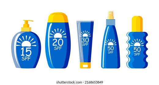 Blue tube with yellow cap of sunscreen SPF 15, 20, 30 and 50 on a white background. A set of cosmetics with UV protection. Vector.