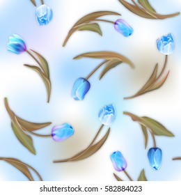 Blue tulips flowers with brown leaves on the blurred spot watercolor imitation background. Watercolor seamless pattern with spring flowers.