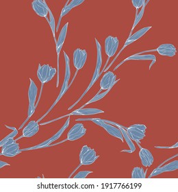 Blue tulips on a terracotta background. Seamless vector pattern with flowers