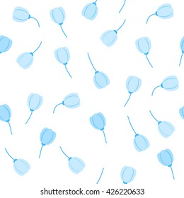 Blue tulips pattern. Flowers texture on white background for textile, t-short print, clothes, greeting card. Vector illustration.