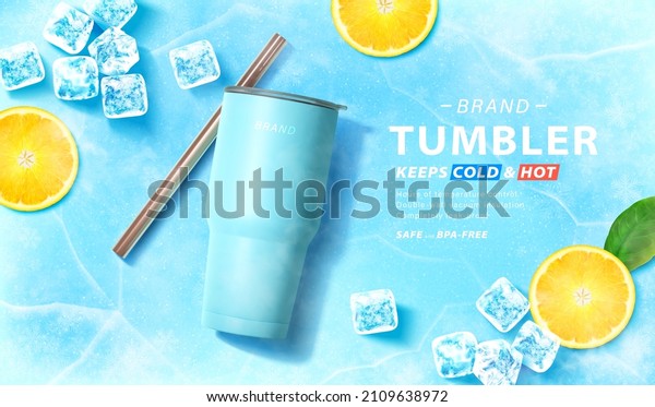 Blue tumbler banner ad. 3D\
Illustration of a covered tumbler bottle with its stainless straw\
lying on blue icy surface with ice cubes and lemon slices placed\
aside