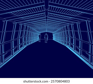 Blue tunnel with two people walking through it. The tunnel is very long and the people are walking in opposite directions