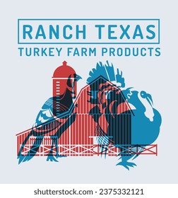 blauer Truthahn mit Huhn auf einem traditionellen roten Bauernhof. Landwirtschaftliche Erzeugnisse. Stempel. Isographeneffekt. Vektorflache Illustration.