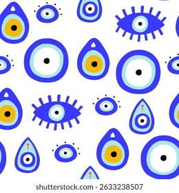 Blue turkish evil eye seamless pattern. Greek magic astrology design. Vector background