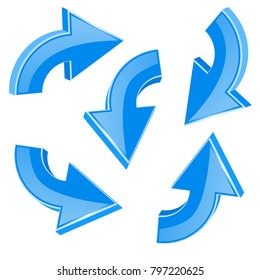 Blue turning arrows. 3d shiny icons set. Vector illustration isolated on white background