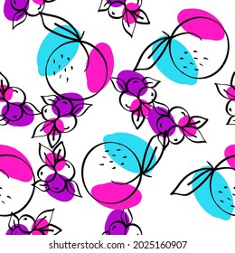 Blue and Turquoise Apricot and Lime Vector White Seamless Pattern. Summer Fruit Wallpaper. Cyan and Pink Citrus and Blueberry Line Design.