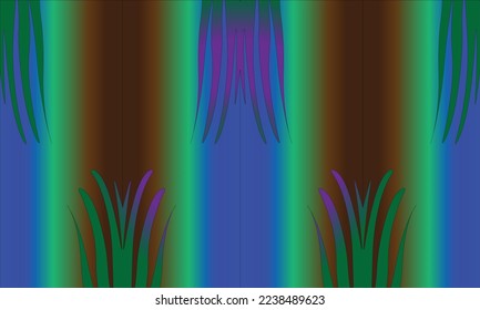 blue, turquoise, brown background with green and purple leaf images