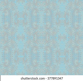 Blue or turquoise and brown intricate lacy vector seamless pattern with stylized floral elements; folk, rustic or boho style