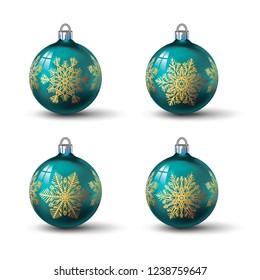 Blue turquoise colored christmas balls with different snowflake ornament on it. Set of isolated realistic glass balls. Vector illustration for your design.