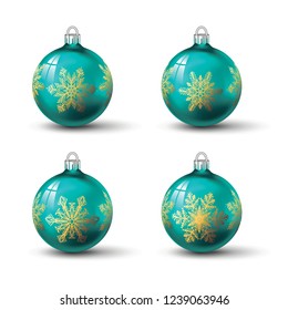 Blue turquoise colored christmas balls with different snowflake ornament on it. Set of isolated realistic glass balls. Vector illustration for your design.