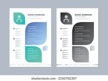 Blue and turquoise curve shape professional resume. Vector job application layout.