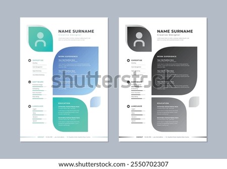Blue and turquoise curve shape professional resume. Vector job application layout.