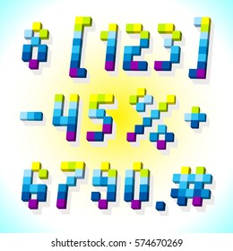 Blue turquoise digit number numerals percent, in cubes 3D pixel art style.Vector 