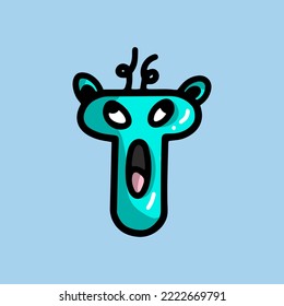 blue turquoise funny letter T in the form of a monster with a face and tongue, perplexed indignant playful and surprised frightened, with shadow and highlights, doodle