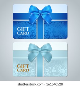 Blue, turquoise gift card (discount card, business card) with floral (scroll, swirl) pattern (tracery), Bow, ribbon. Background design for gift coupon, voucher, invitation, ticket etc. Vector