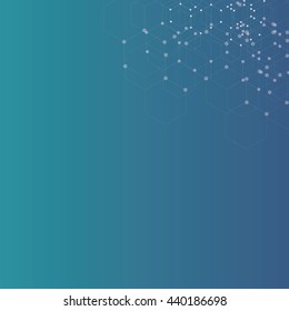 Blue turquoise gradient abstract background with molecular pattern at border - modern medical, biological or chemical background