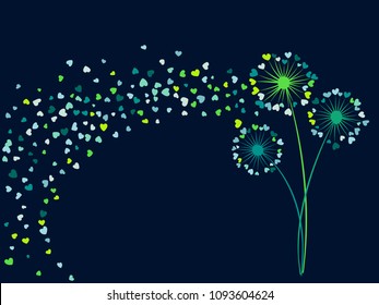 Blue turquoise green vector dandelion herbs, meadow flowers illustration. Floral background design with dandelion blowing plant. Flowers with heart shaped feather flying. Meadow blossom.