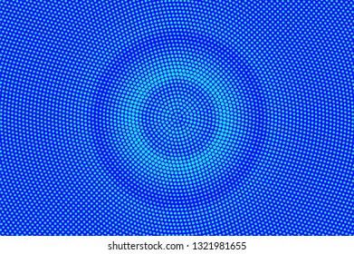 Blue turquoise halftone vector background. Centered halftone texture. Round dotwork gradient. Retro dotted vector background. Colorful halftone overlay. Vintage cartoon effect. Perforated texture