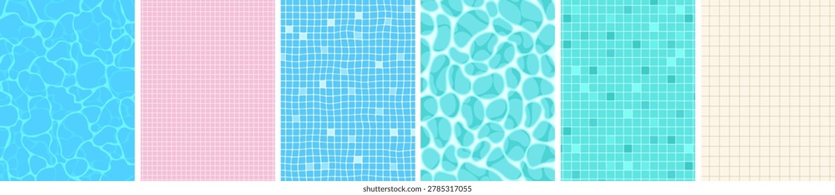 Blue, turquoise, pink mosaic pattern set. Water pool rippled, wavy water design.