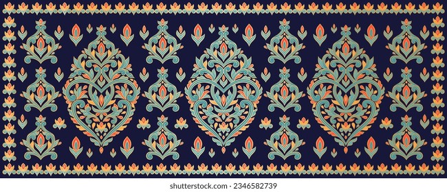 Blau, Türkis, Rot und Gold, Vektorhintergrund mit schönen Blumenverzierungen. Traditionelles türkisches, indisches Muster. Ideal für Gewebe und Textilien, Tapeten, Verpackungen oder jede erwünschte Idee.