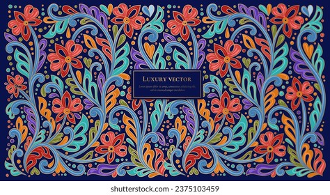 Blue, turquoise, red and gold vector background with beautiful floral ornaments. Traditional Turkish, Indian pattern. Great for fabric and textile, wallpaper, packaging or any desired idea.