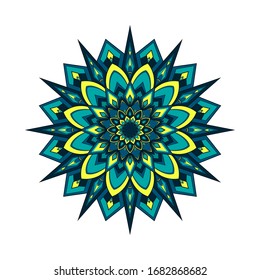 Mandala redonda azul y turquesa, aislada de fondo blanco. Ilustración del vector