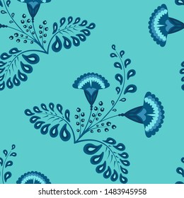 Blue turquoise verdigris endless texture with ornamental flowers and twigs and leaves for fabric and decoration. Beautiful seamless editable pattern vector background.