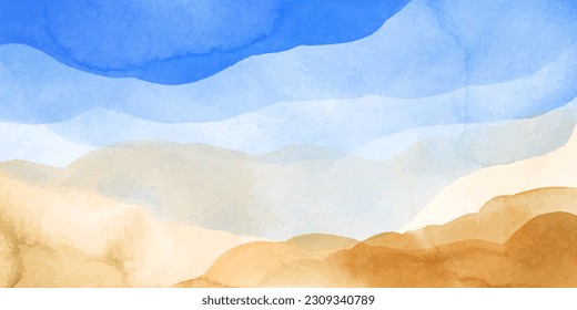 Blue, turquoise, yellow, beige  abstract watercolor  background. Colorful hand painted texture, wash. Water, sea, sand art. Waves and beach illustration.