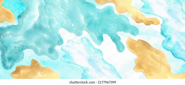 Blue, turquoise, yellow, beige stains. Hand painted watercolor background with abstract forms, textures.