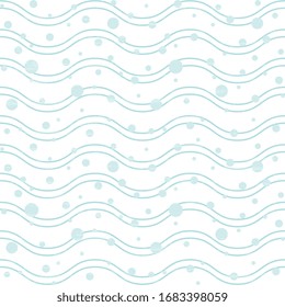 blue, turquoise,Paper with blue waves and polka dots on a white textured background. Patterns seamless pattern.
