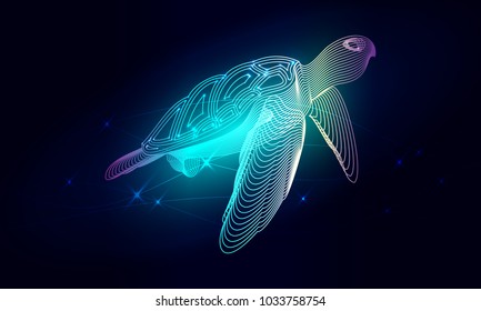 Blue turtle composed. Marine animal digital concept. Vector illustration of a starry sea or Comos. The turtle consists of lines. Wireframe light connection structure