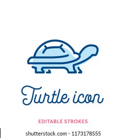 Blue turtle line icon. Minimal animal icon set, cute pet. Turtle shell symbol with editable stokes for infographics or web use. Flat design silhouette. Tortoise armour and typography design