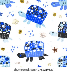 Blue turtles. Seamless marine pattern with turtles, starfish and shells. Creative undersea texture. Great for fabric, textile. Vector Illustration.