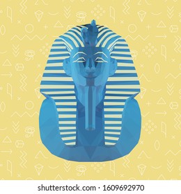 Blue Tutankhamun Burial Mask on Yellow Background. Low Poly Vector 3D Rendering