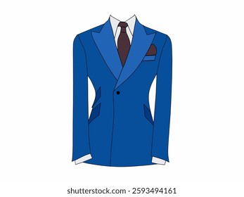 Blue tuxedo and dark brown necktie with a white background. Men's formal wear fashion theme for a formal occasion.