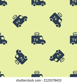 Blue TV News car with equipment on the roof icon isolated seamless pattern on yellow background.  Vector