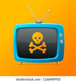 Blue Tv with Skull and Bones Screen Display on a Orange Background. Vector illustration of Television Broadcasting Concept