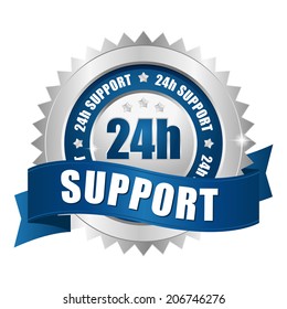 Blue twenty-for hour support badge with ribbon on white background