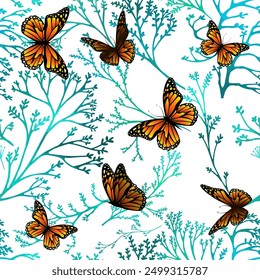 blue twigs and butterflies seamless background. hand drawing. Not AI Vector.