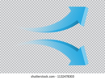 Blue twin arrow 3D curve direction gradient transparent on checkered background sign symbol vector illustration. 