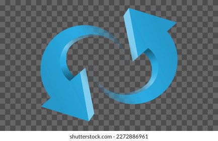 Blue twin arrow 3D curve circle direction gradient transparent on checkered background sign symbol vector illustration.	