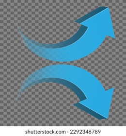 Blue twin arrow 3D curve direction gradient transparent on checkered background sign symbol vector illustration.