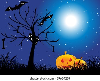 blue twinkle, star and moon background with dead tree, pumpkin