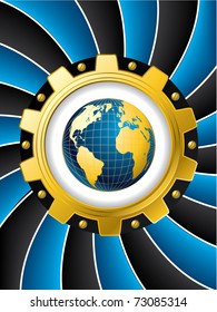 Blue twirl with cogwheel and map background
