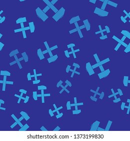 Blue Two crossed hammers icon isolated seamless pattern on blue background. Tool for repair. Vector Illustration